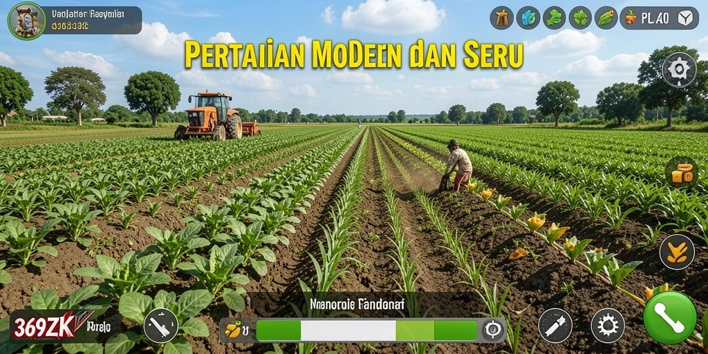 Tangkapan layar utama gameplay 369ZK yang menunjukkan aktivitas bertani.