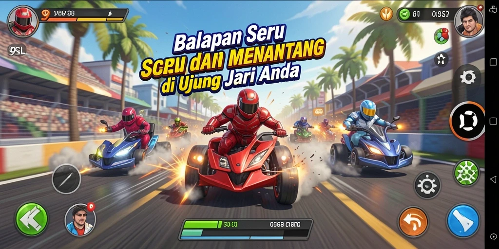 Tampilan gameplay seru dengan mobil balap melaju cepat di trek.