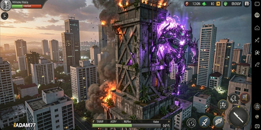 Screenshot gameplay ADAM77 menampilkan menara bertahan melawan serangan musuh.