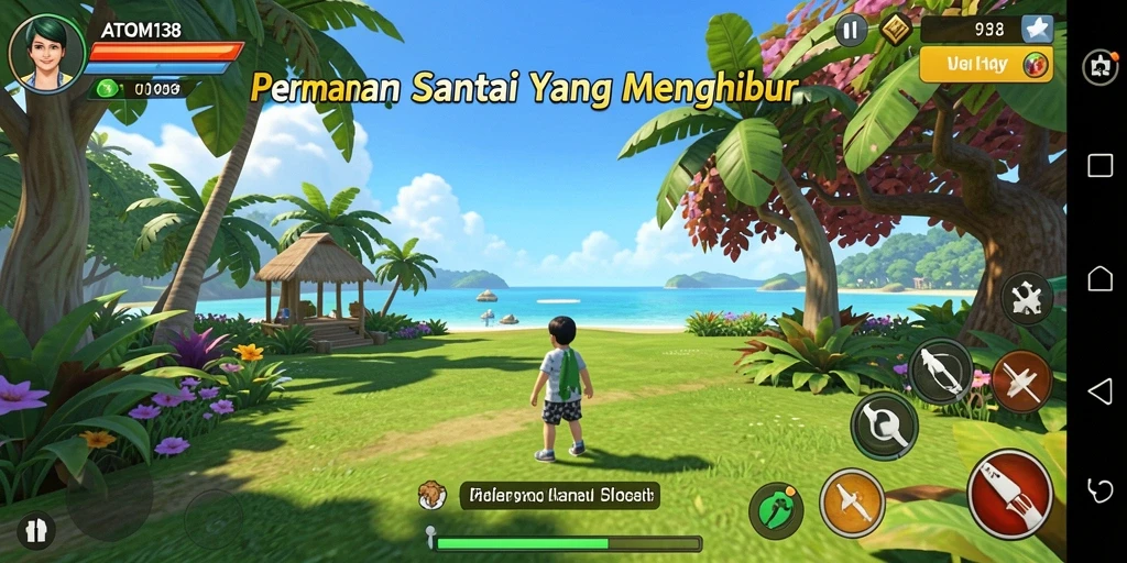 Tampilan gameplay ATOM138 yang penuh warna dan menyenangkan.