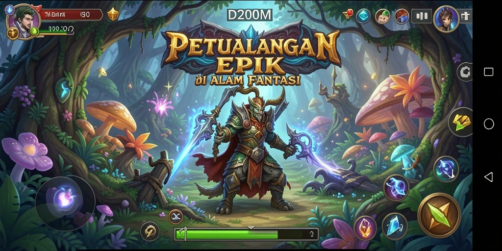 Tampilan gameplay D200M menampilkan karakter beraksi melawan monster di dunia fantasi.