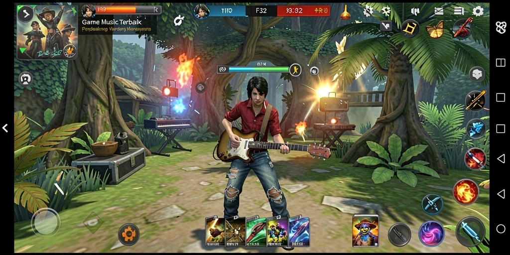 Tampilan gameplay F32 yang menampilkan interaksi musik yang seru.