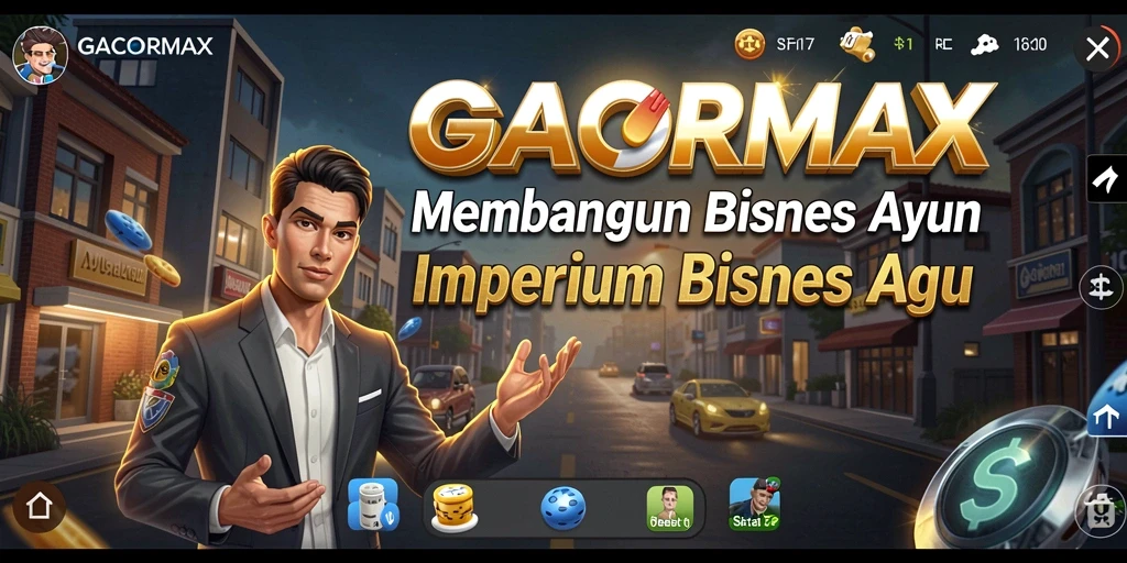 Screenshot utama GACORMAX menampilkan gameplay membangun bisnis Tycoon.