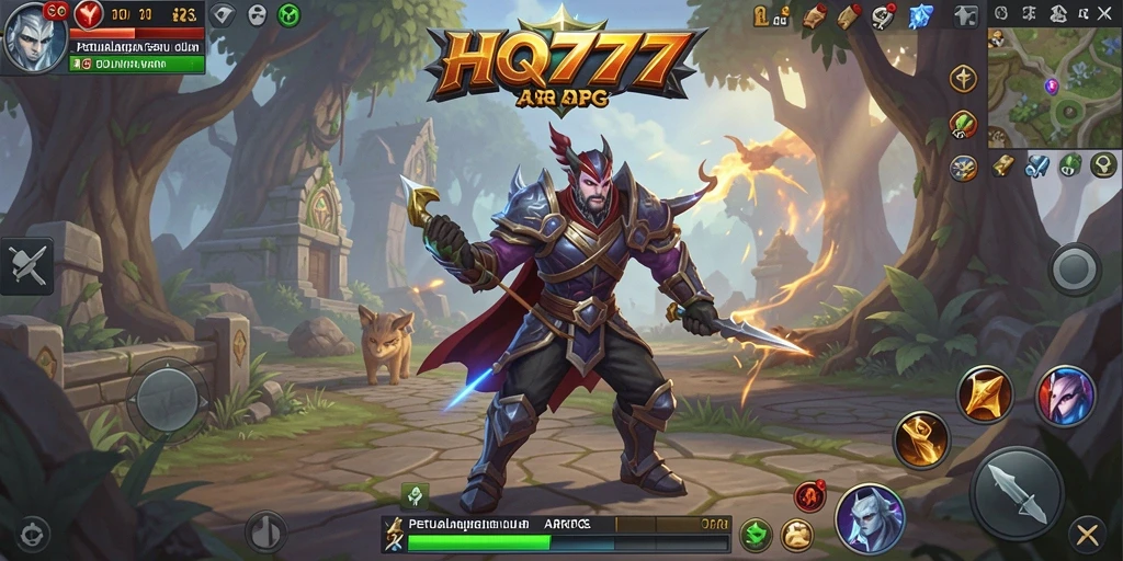 Screenshot menunjukkan pertarungan mendebarkan di dunia ARPG HQ777.