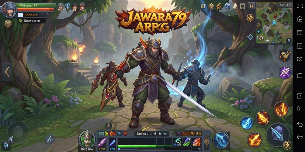 Screenshot JAWARA79 menampilkan karakter sedang bertarung melawan monster di dunia fantasi.