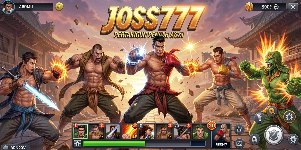 Tampilan gameplay JOSS777 dengan karakter bertarung di arena.