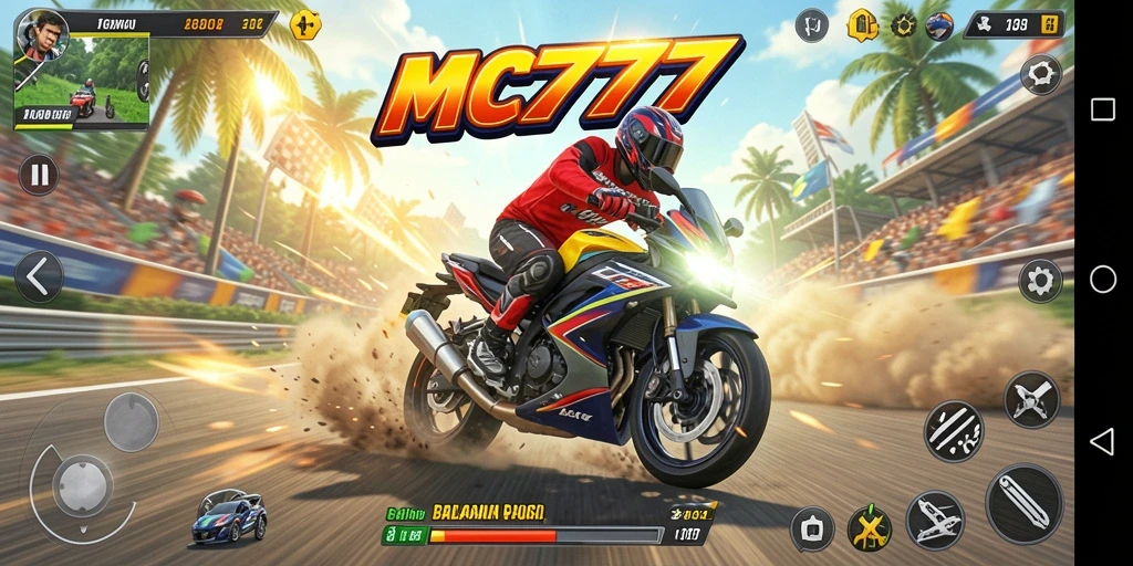 Tangkapan layar menunjukkan balapan seru dengan motor kencang.