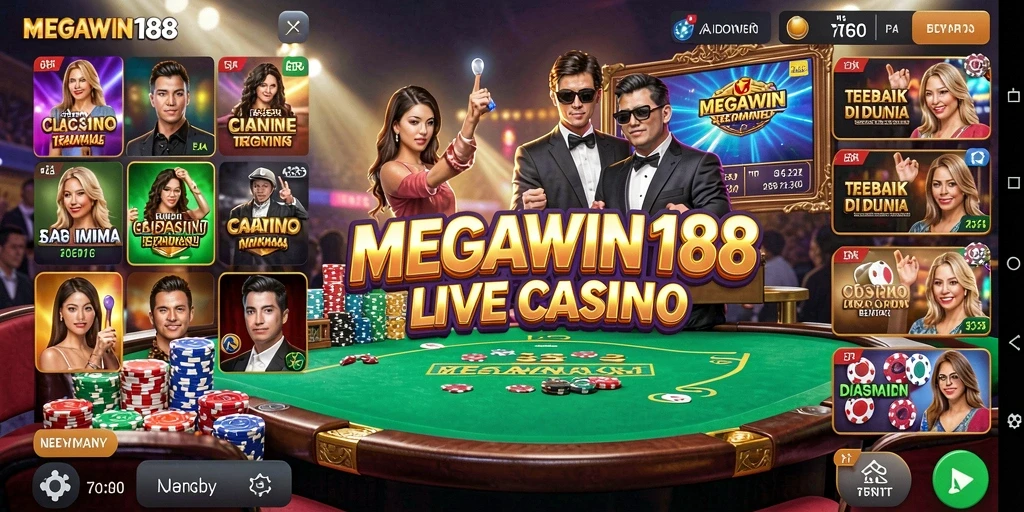 Screenshot gameplay MEGAWIN188 menunjukkan dealer langsung dan suasana kasino yang hidup.