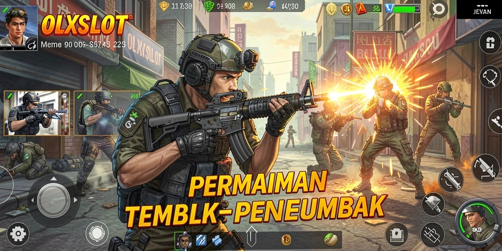 Screenshot utama OLXSLOT menampilkan aksi tembak-menembak yang mendebarkan.