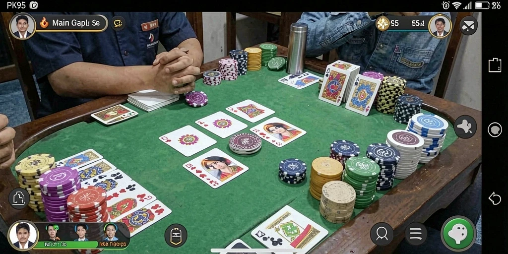 Screenshot gameplay PK95 menampilkan suasana bermain Gaple yang seru.