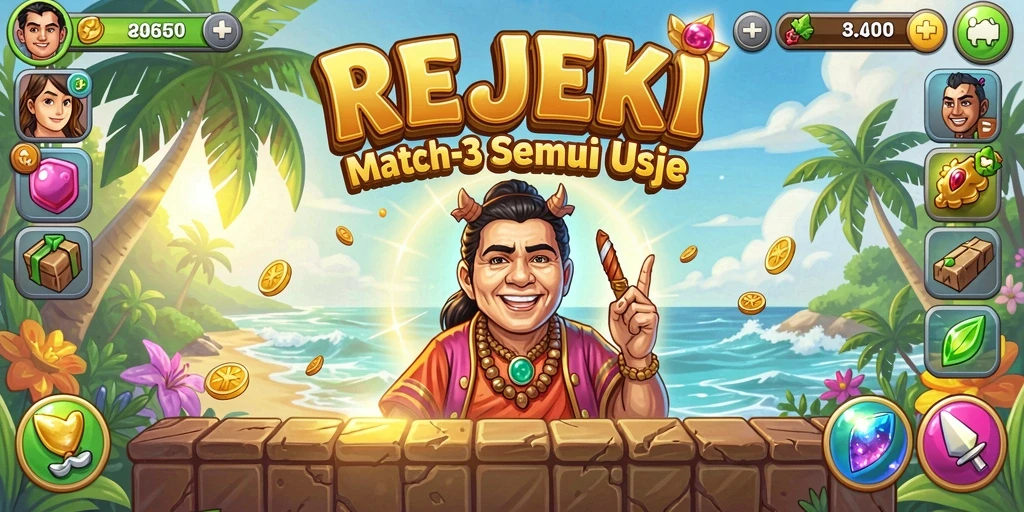 Tampilan gameplay seru permainan Match-3 REJEKI dengan elemen berwarna-warni.