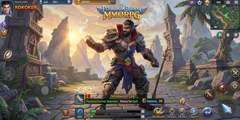 Tangkapan layar gameplay ROKOK88 yang menampilkan pertarungan seru dan dunia yang indah.