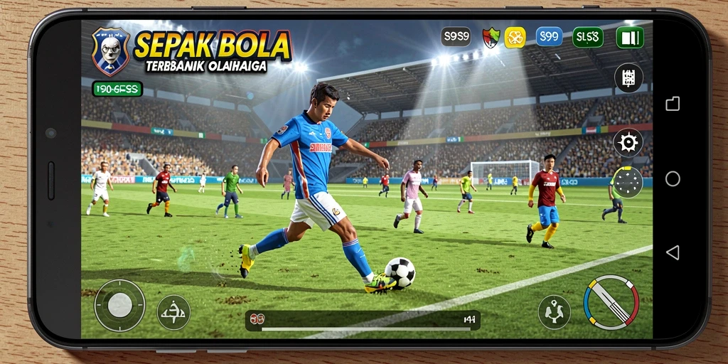 Screenshot gameplay S9S9 menampilkan aksi sepak bola yang intens.