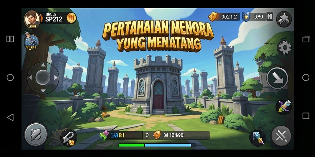 Screenshot gameplay SP212 menunjukkan menara melawan gelombang musuh.