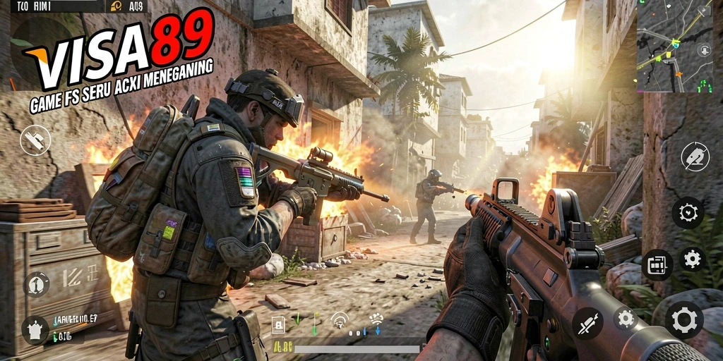 Screenshot menunjukkan aksi intens dalam game FPS VISA89.